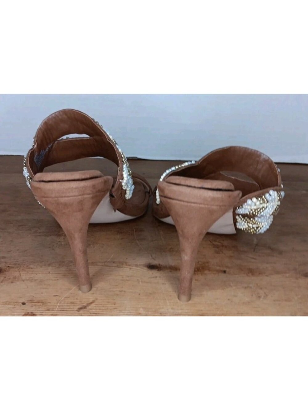 Jessica Simpson Rixei Sandal Womens 8 Brown Beaded Strappy 3.5" Heel Slip On - Picture 5 of 10